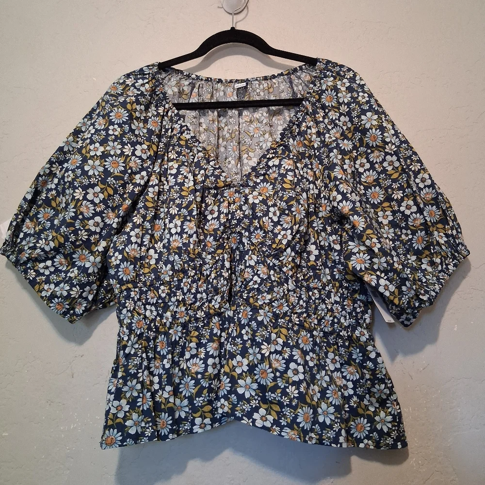 Old‎ Navy Smocked Vneck Peplum Peasant Blue Floral Puff Sleeve Boho SzXL